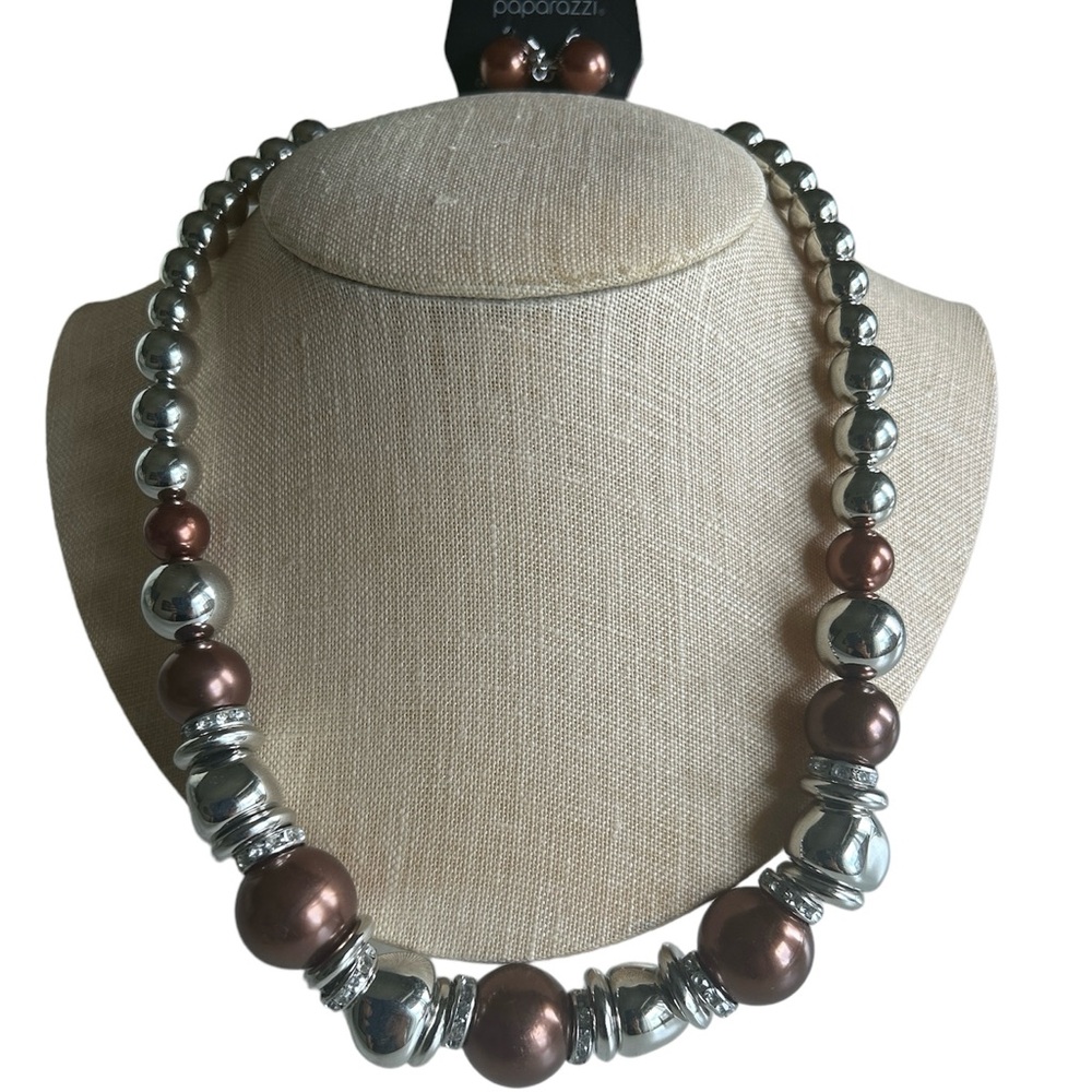 Necklace & earrings set brown & silver beads adjustable claps chain NEW …